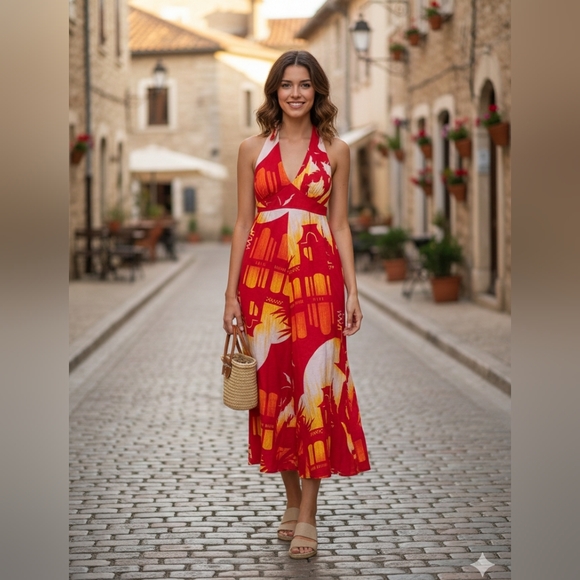 Vintage Dresses & Skirts - Vintage 70s Hukilau Fashions Elegant Red Halter Dress Art To Wear‎ Size XS Rare